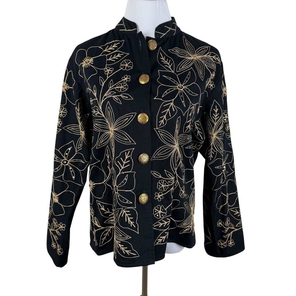 New Direction Black Gold Floral Embroidered Beaded Button Front‎ Jacket Women L